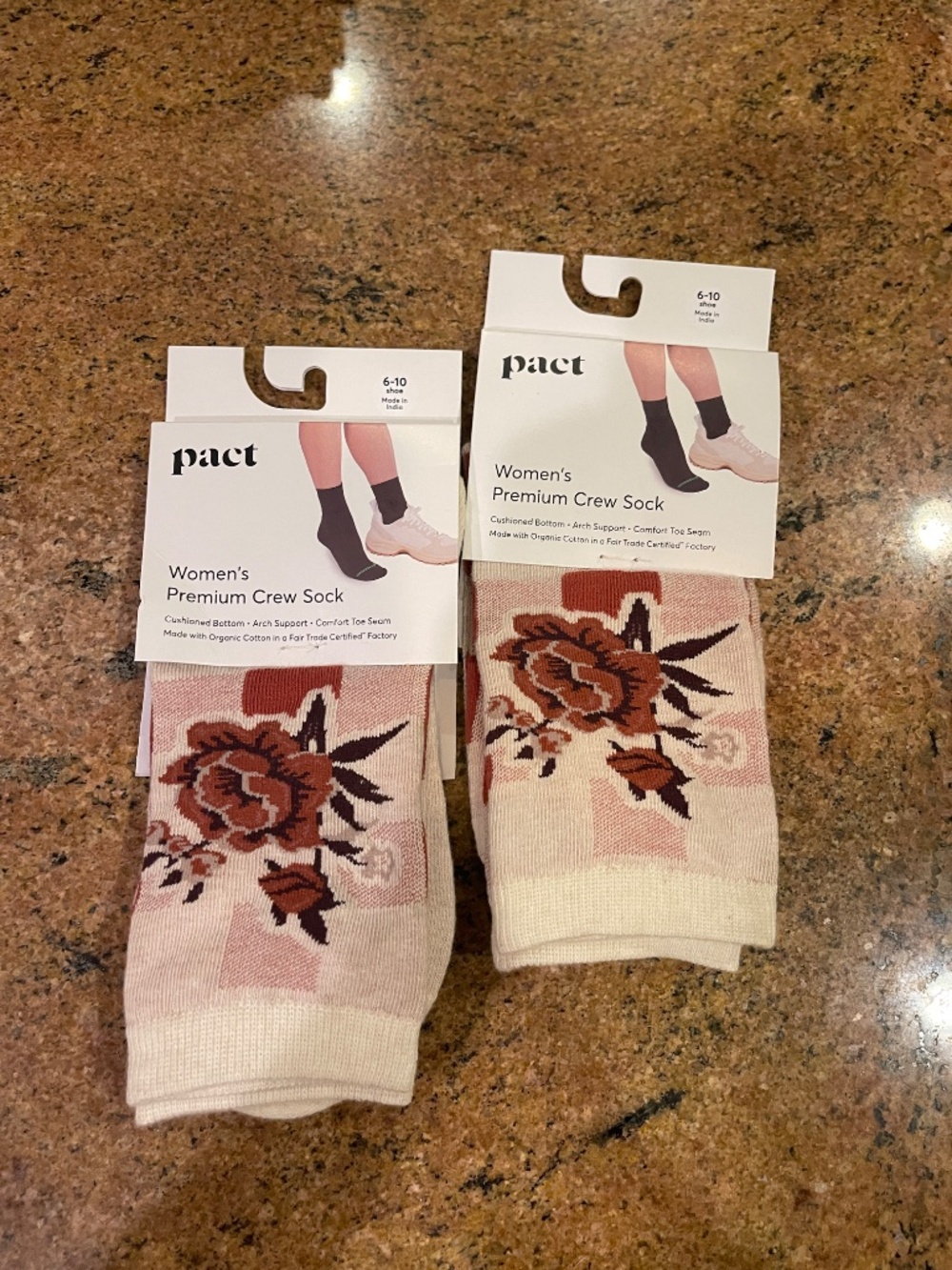 Pact Rose Plaid Premium Crew Socks Two Pair NWT!